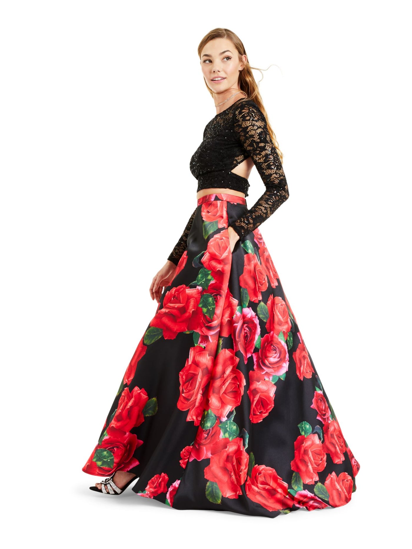 B DARLIN Womens Sequined Floral Long Sleeve Scoop Neck Full-Length Prom Fit + Flare Crop Top Dress Juniors