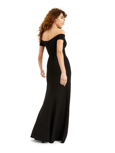 B DARLIN Womens Black Slitted Zippered Short Sleeve Off Shoulder Full-Length Formal Sheath Dress Juniors 1\2