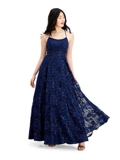 SAY YES TO THE PROM Womens Navy Sequined Crinoline Lining Spaghetti Strap Full-Length Formal Fit + Flare Dress Juniors 3