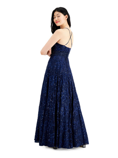 SAY YES TO THE PROM Womens Navy Sequined Crinoline Lining Spaghetti Strap Full-Length Formal Fit + Flare Dress Juniors 3