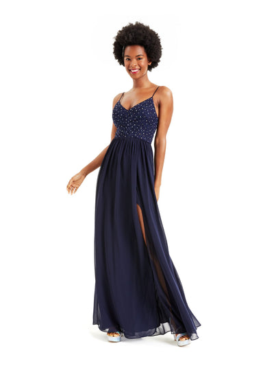 CITY STUDIO Womens Navy Slitted Rhinestone Spaghetti Strap Full-Length Evening Empire Waist Dress 9