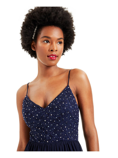 CITY STUDIO Womens Navy Lace Rhinestone Spaghetti Strap Maxi Formal Empire Waist Dress Juniors 17