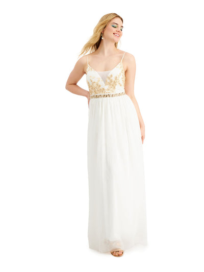 EMERALD SUNDAE Womens White Sequined Floral Spaghetti Strap Sweetheart Neckline Full-Length Formal Empire Waist Dress Juniors 17