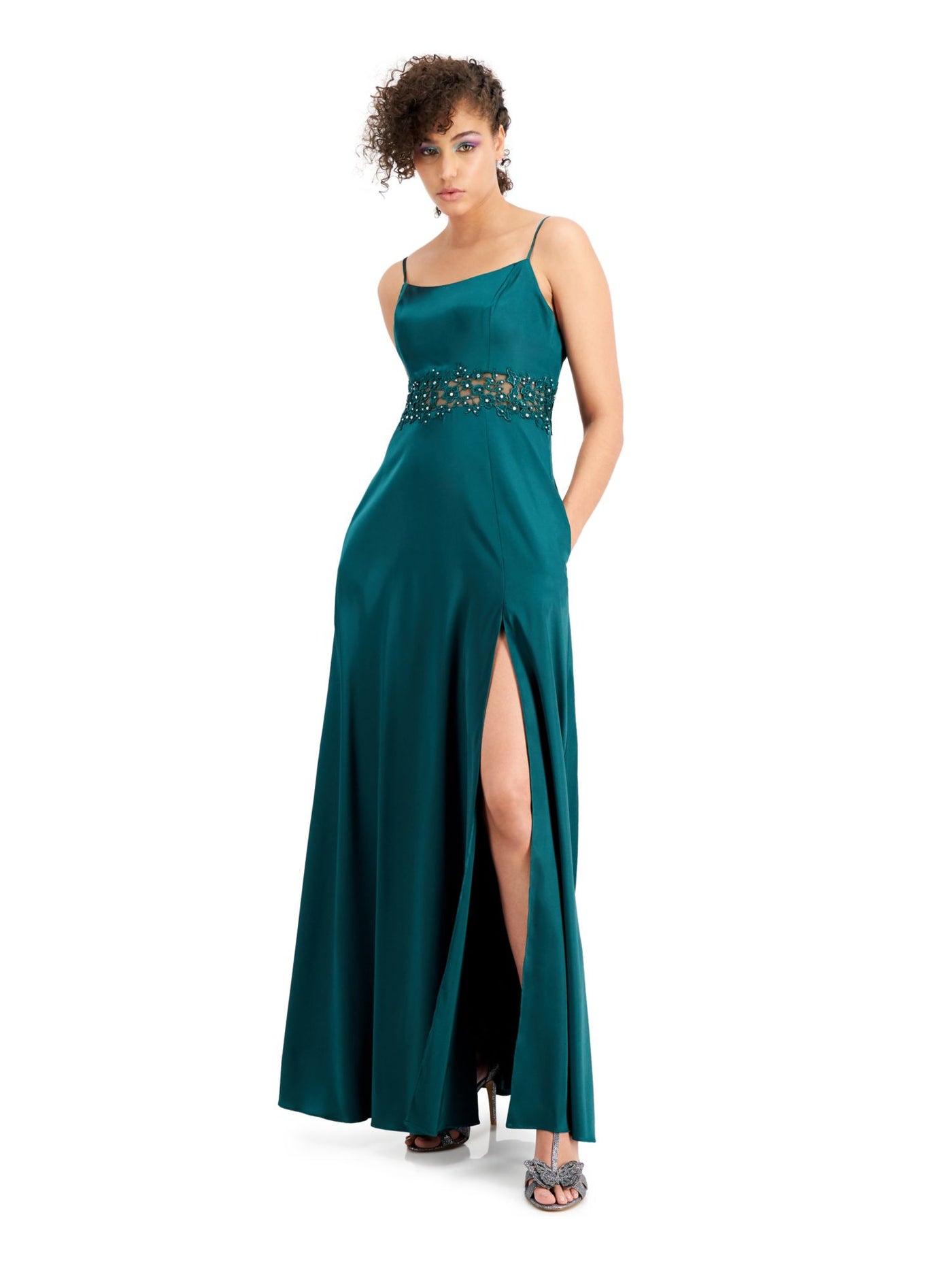 CITY STUDIO Womens Green Embellished Zippered Satin Gown Spaghetti Strap Scoop Neck Maxi Prom Dress Juniors 0