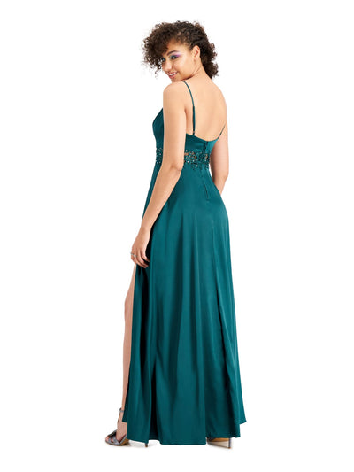 CITY STUDIO Womens Green Embellished Zippered Satin Gown Spaghetti Strap Scoop Neck Maxi Prom Dress Juniors 0