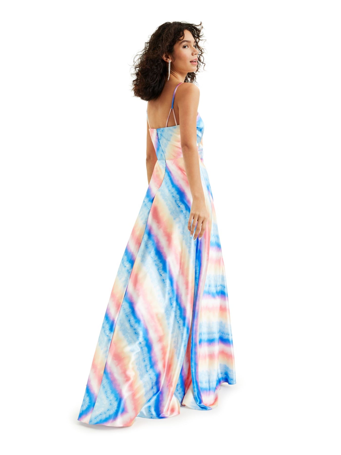 CITY STUDIO Womens Blue Zippered Gown Tie Dye Spaghetti Strap V Neck Full-Length Party Fit + Flare Dress 3