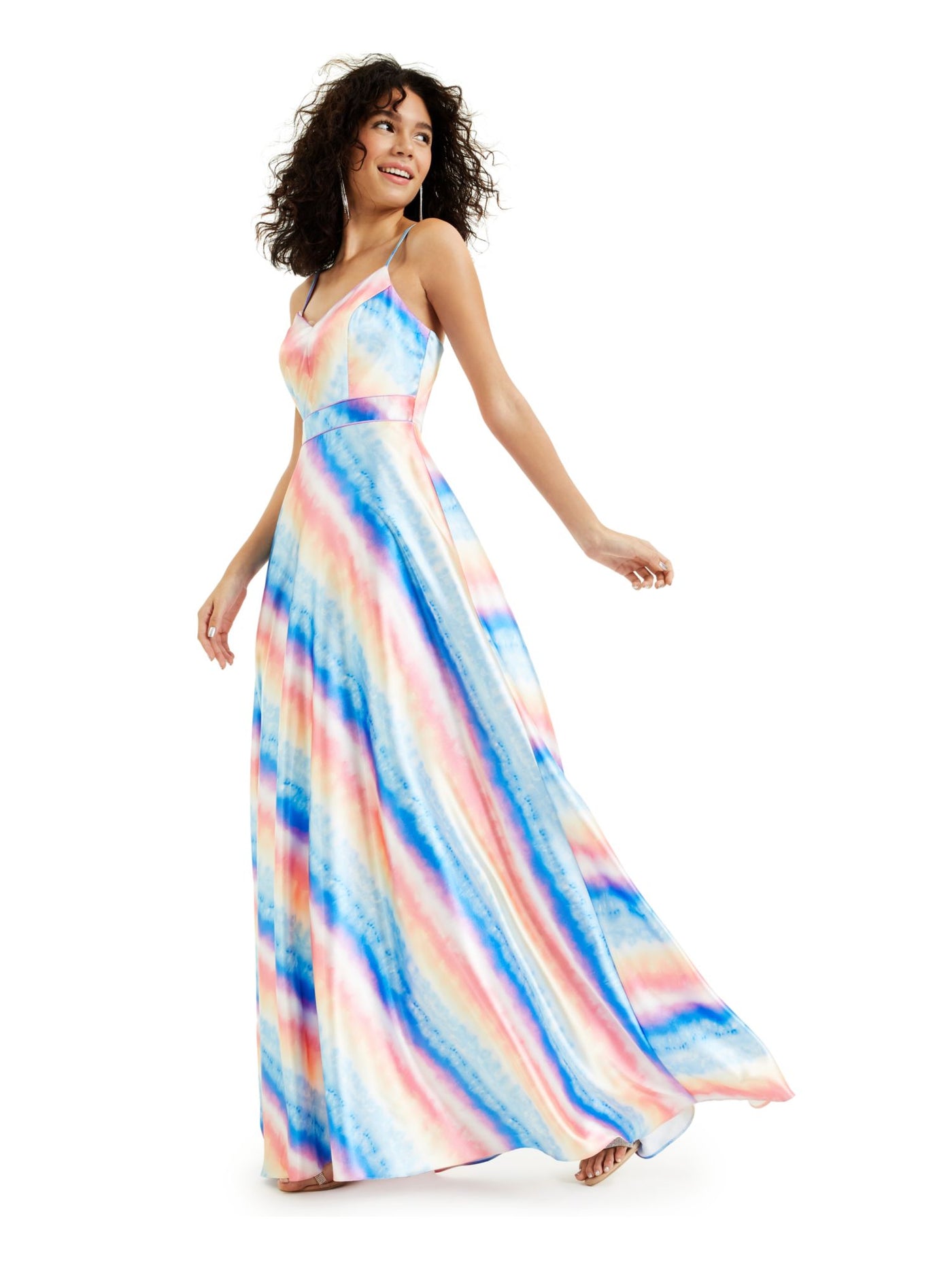 CITY STUDIO Womens Blue Zippered Gown Tie Dye Spaghetti Strap V Neck Full-Length Party Fit + Flare Dress 1