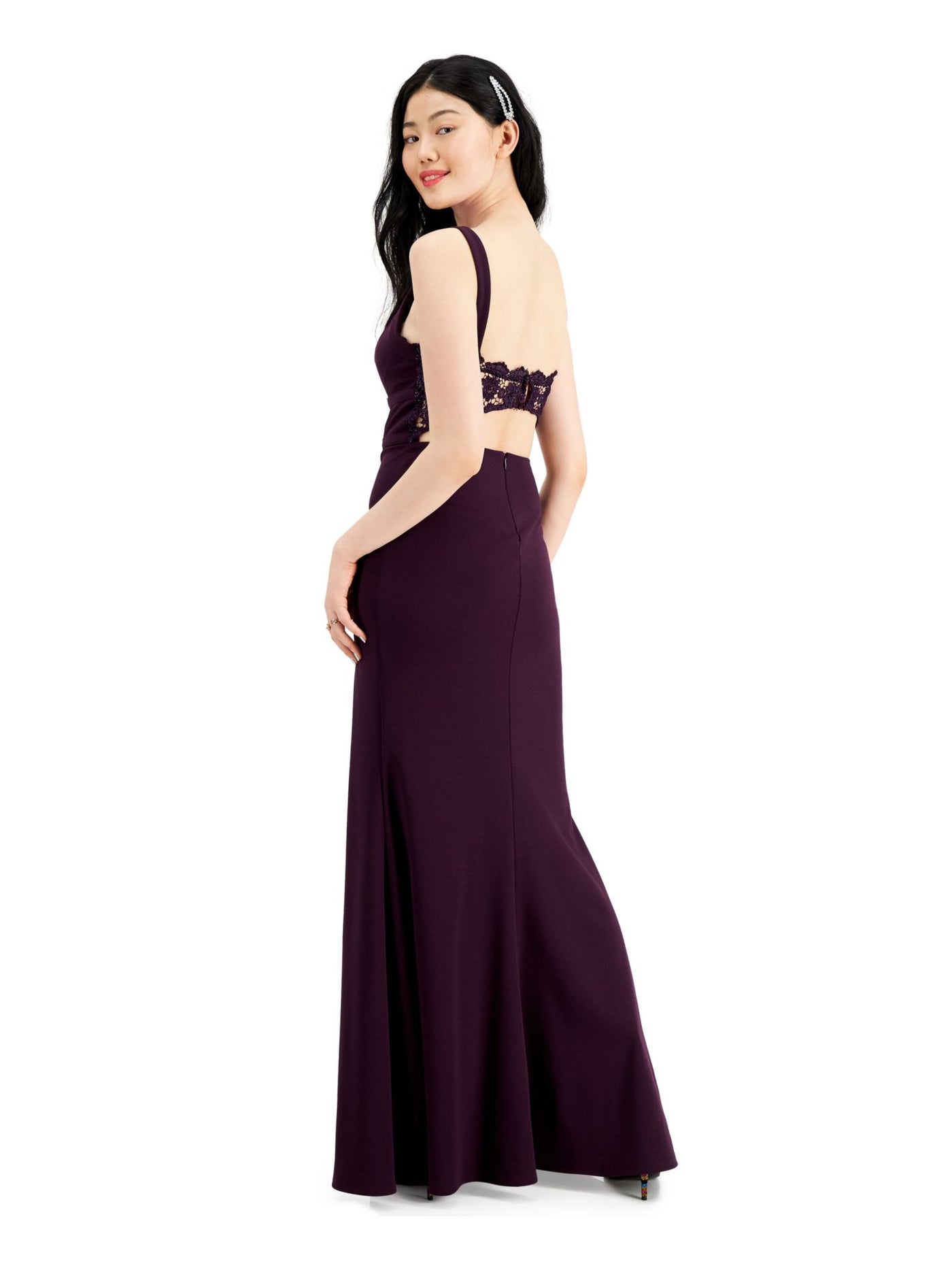 CITY STUDIO Womens Purple Glitter Lace-back Sleeveless V Neck Full-Length Prom Body Con Dress Juniors 11