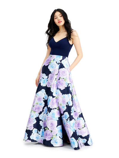 B DARLIN Womens Navy Floral Spaghetti Strap V Neck Full-Length Prom Empire Waist Dress 5\6