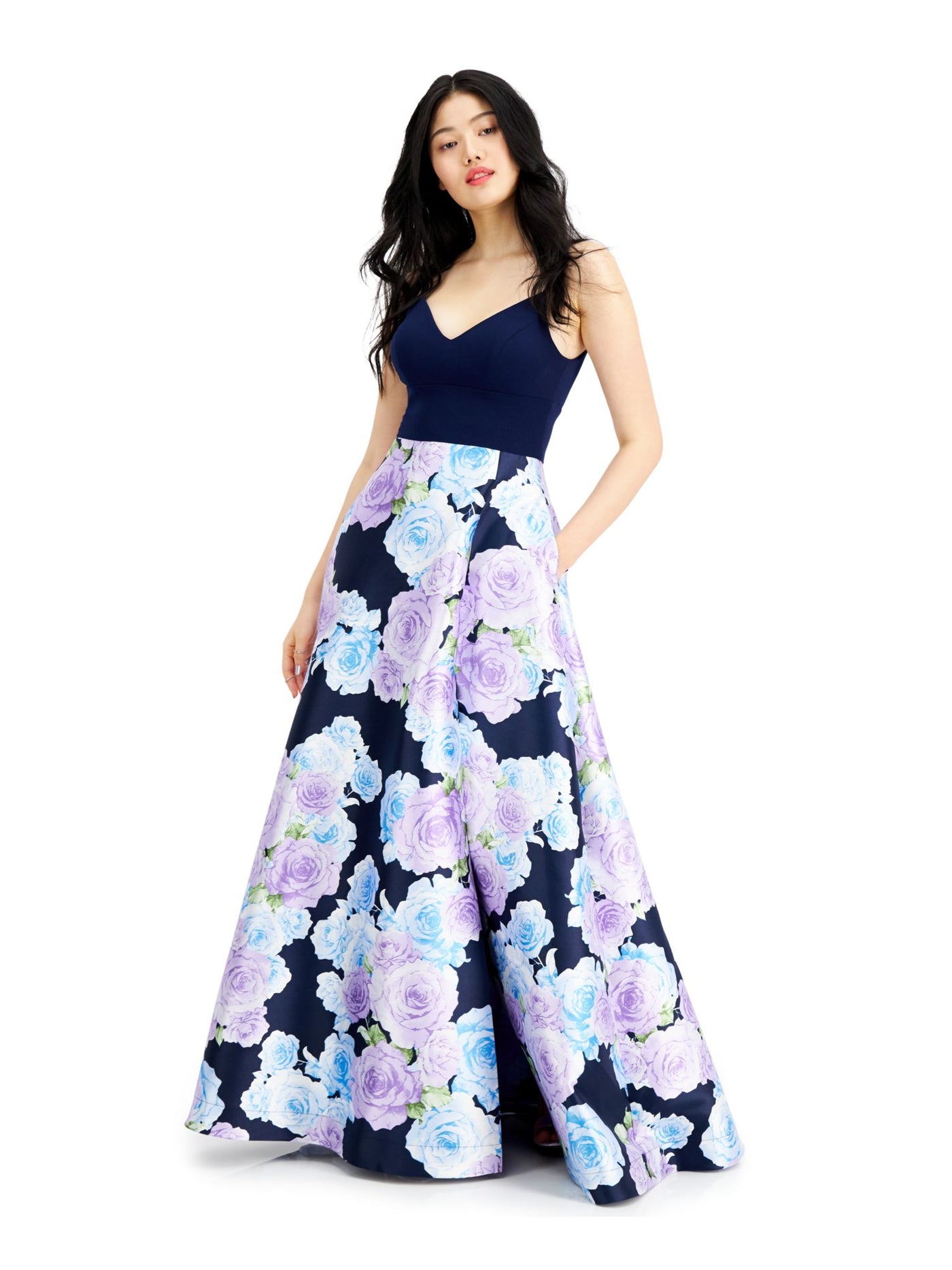 B DARLIN Womens Navy Floral Spaghetti Strap V Neck Full-Length Prom Empire Waist Dress 3\4