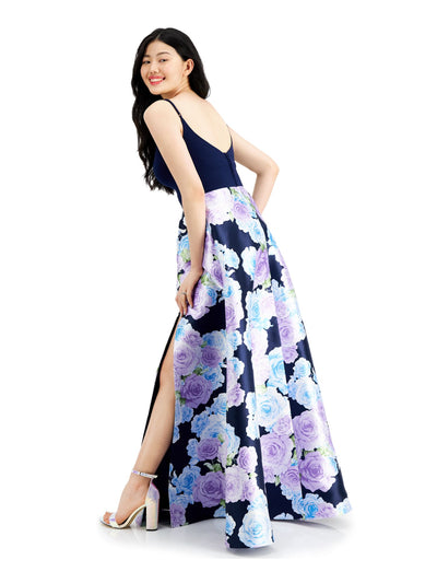 B DARLIN Womens Navy Floral Spaghetti Strap V Neck Full-Length Prom Empire Waist Dress 3\4