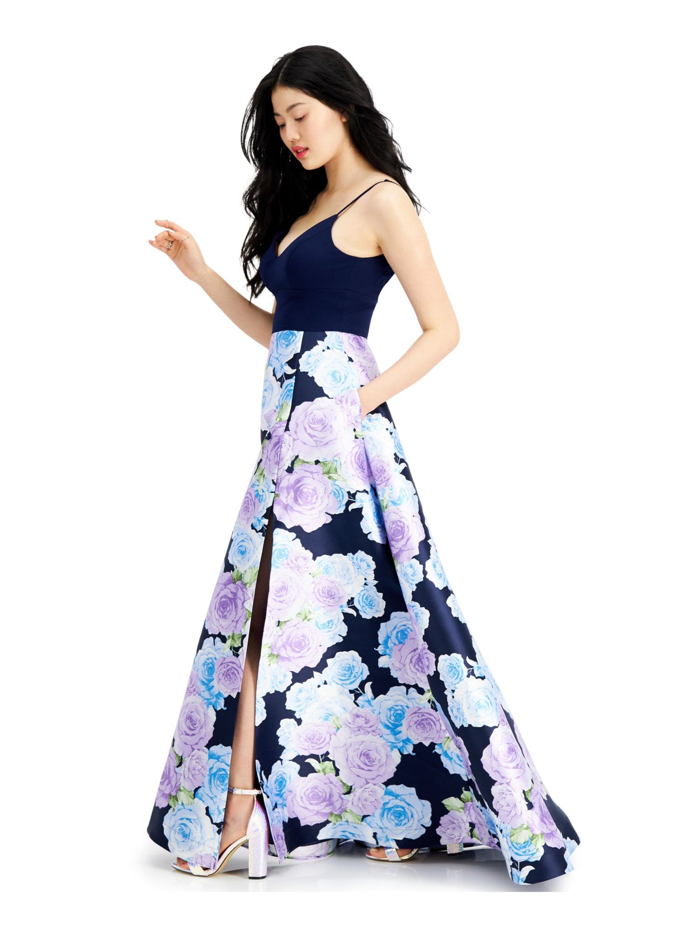 B DARLIN Womens Navy Floral Spaghetti Strap V Neck Full-Length Prom Empire Waist Dress 3\4