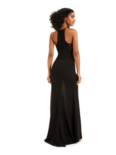 B DARLIN Womens Black Slitted Lace-up Scuba Crepe Sleeveless Halter Maxi  Prom Dress Juniors 3\4