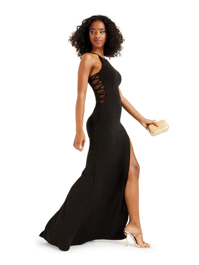 B DARLIN Womens Black Slitted Lace-up Scuba Crepe Sleeveless Halter Maxi  Prom Dress Juniors 3\4