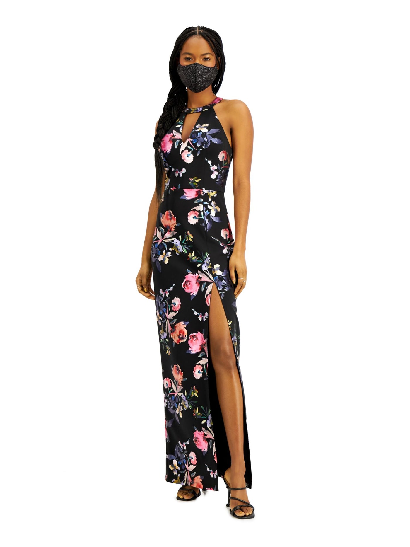 BCX DRESS Womens Black Slitted Cut Out Floral Sleeveless Halter Full-Length Evening Sheath Dress Juniors 11