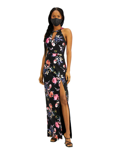 BCX Womens Black Slitted Cut Out Floral Sleeveless Halter Full-Length Evening Sheath Dress 11