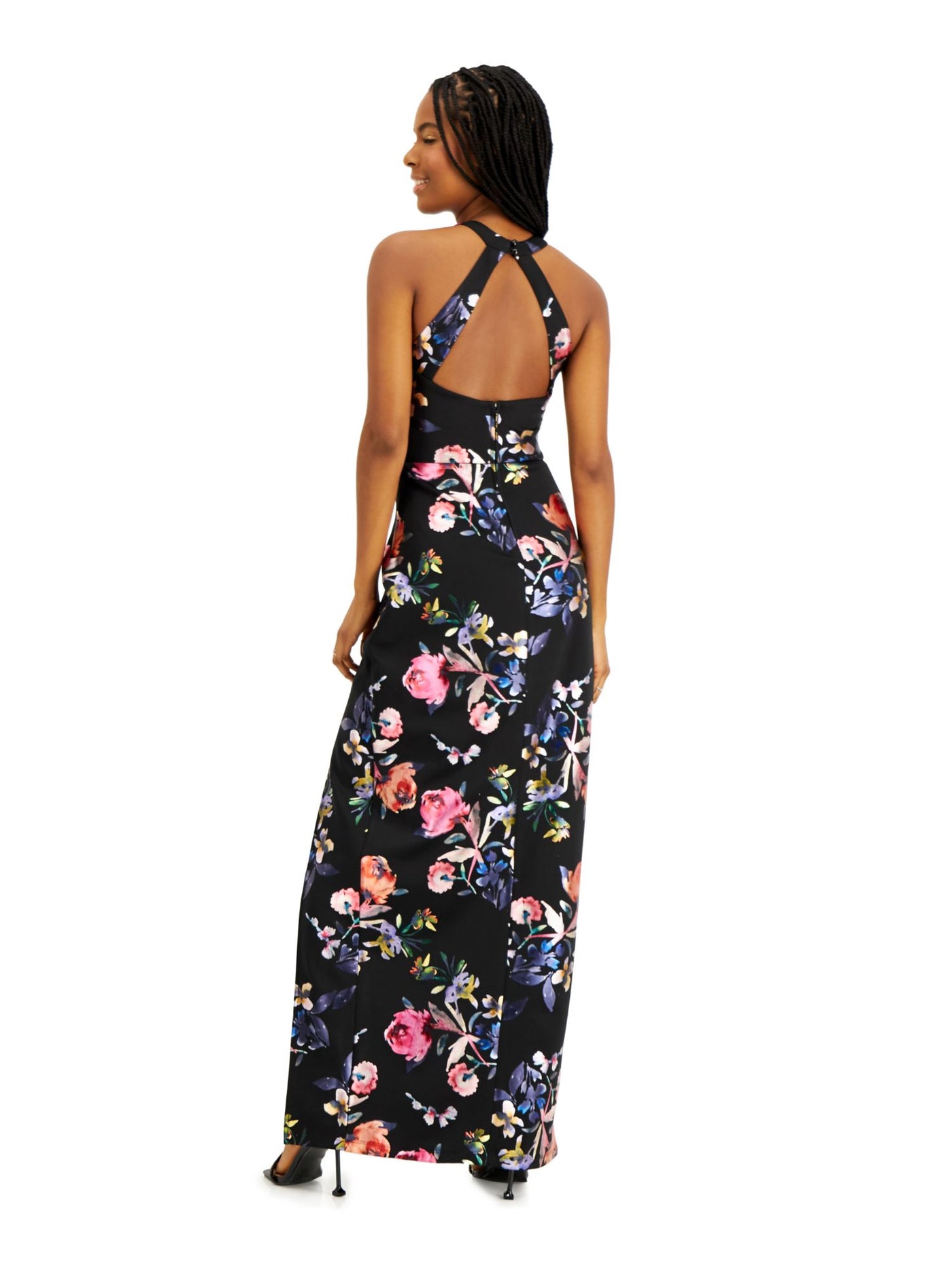 BCX Womens Black Slitted Cut Out Floral Sleeveless Halter Full-Length Evening Sheath Dress 1