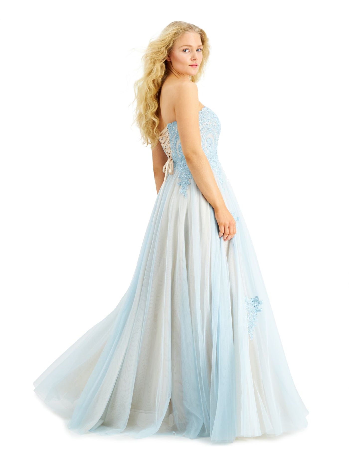 SAY YES TO THE PROM Womens Light Blue Embellished Sheer Patterned Spaghetti Strap Sweetheart Neckline Full-Length Formal Fit + Flare Dress Juniors 7