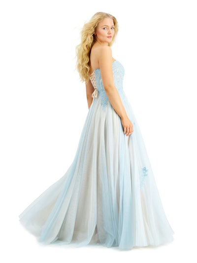 SAY YES TO THE PROM Womens Light Blue Embellished Sheer Patterned Spaghetti Strap Sweetheart Neckline Full-Length Formal Fit + Flare Dress Juniors 9