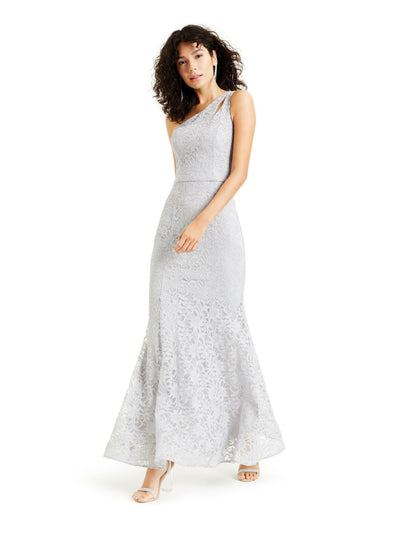 BCX DRESS Womens Silver Lace Glitter Zippered Sleeveless Asymmetrical Neckline Maxi Evening Fit + Flare Dress Juniors 9