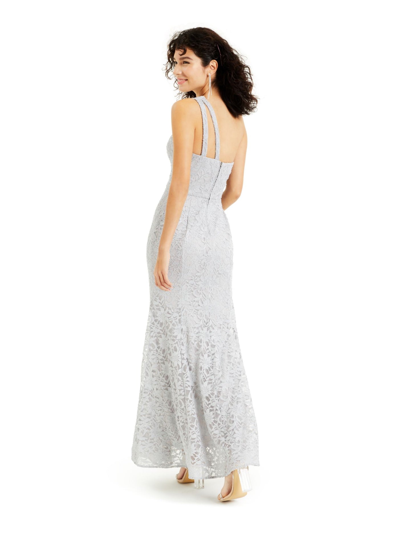 BCX Womens Silver Lace Glitter Zippered Sleeveless Asymmetrical Neckline Maxi Evening Fit + Flare Dress Juniors 9