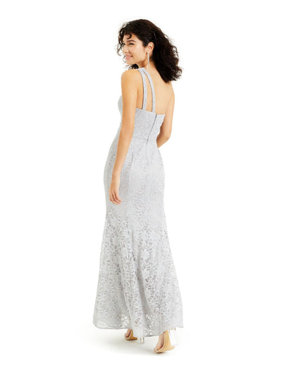BCX DRESS Womens Silver Lace Glitter Zippered Sleeveless Asymmetrical Neckline Maxi Evening Fit + Flare Dress 0