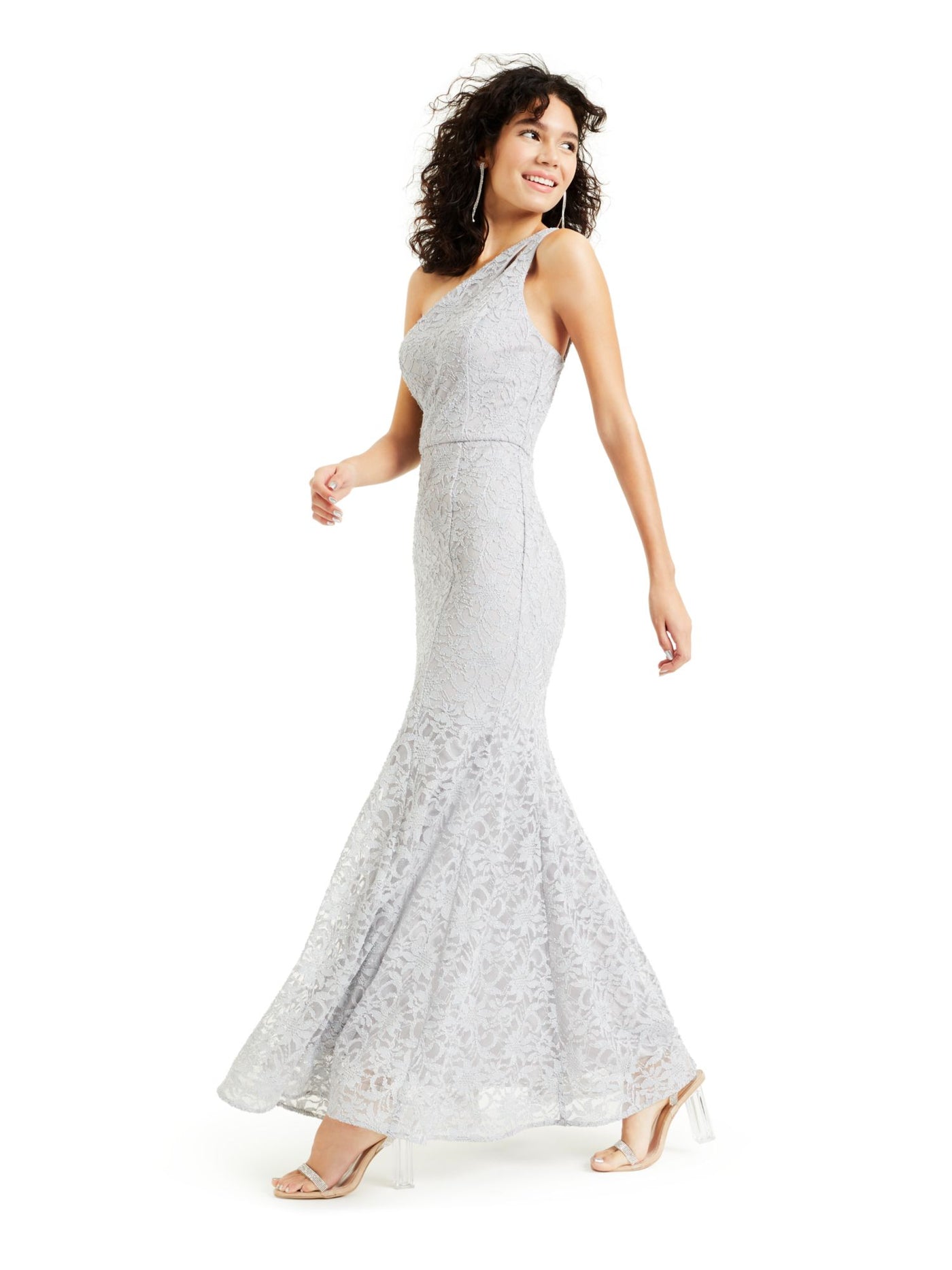 BCX Womens Silver Lace Glitter Zippered Sleeveless Asymmetrical Neckline Maxi Evening Fit + Flare Dress Juniors 1