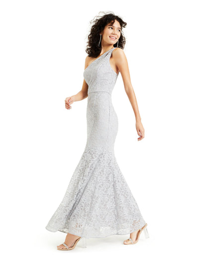 BCX Womens Silver Lace Glitter Zippered Sleeveless Asymmetrical Neckline Maxi Evening Fit + Flare Dress Juniors 1