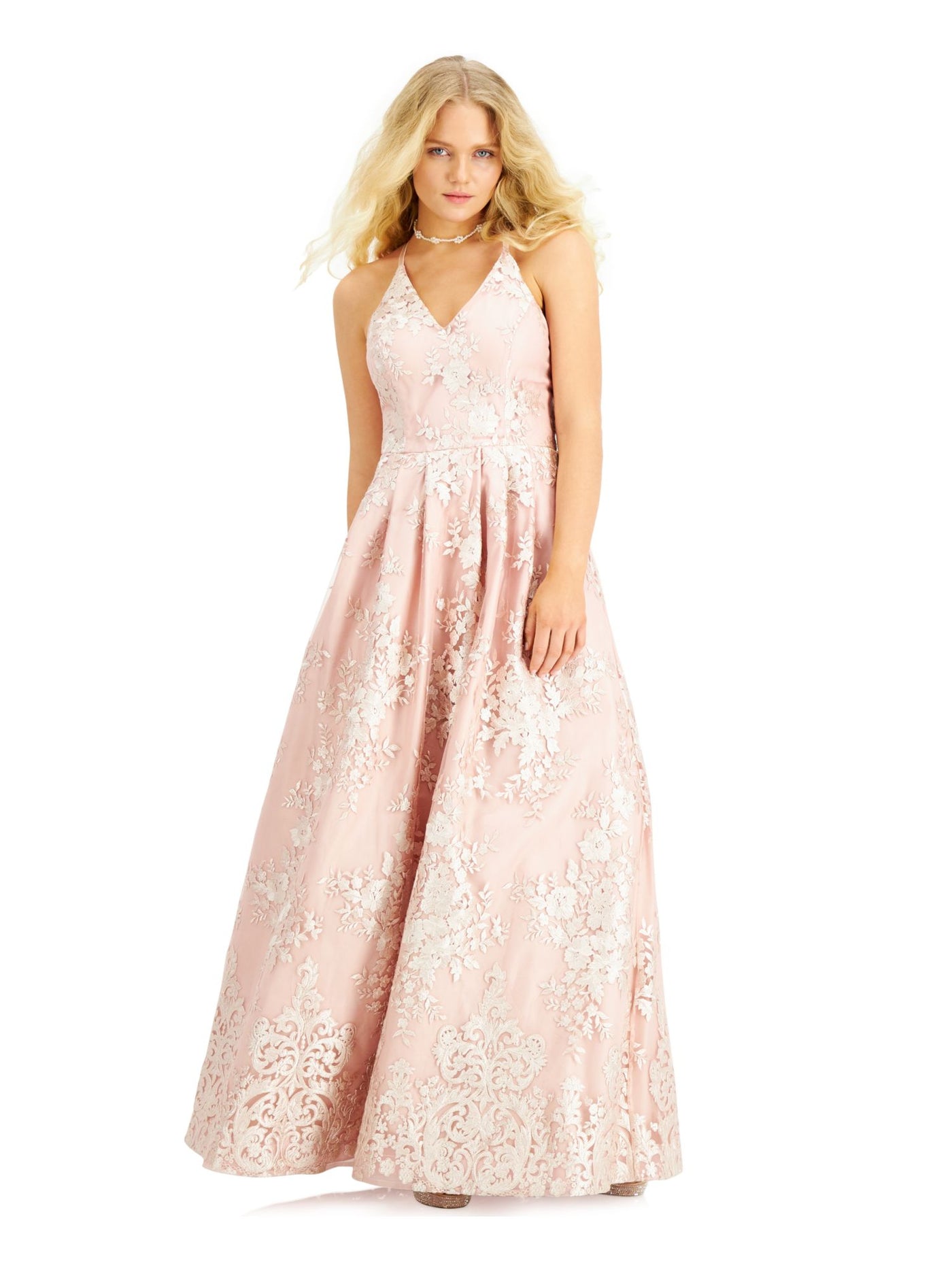 BCX Womens Pink Embellished Floral Spaghetti Strap V Neck Full-Length  Fit + Flare Prom Dress Juniors 7