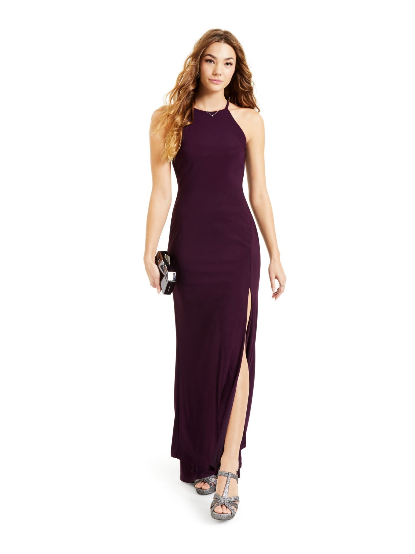 JUMP APPAREL Womens Purple Slitted Halter Maxi Evening Dress 15\16