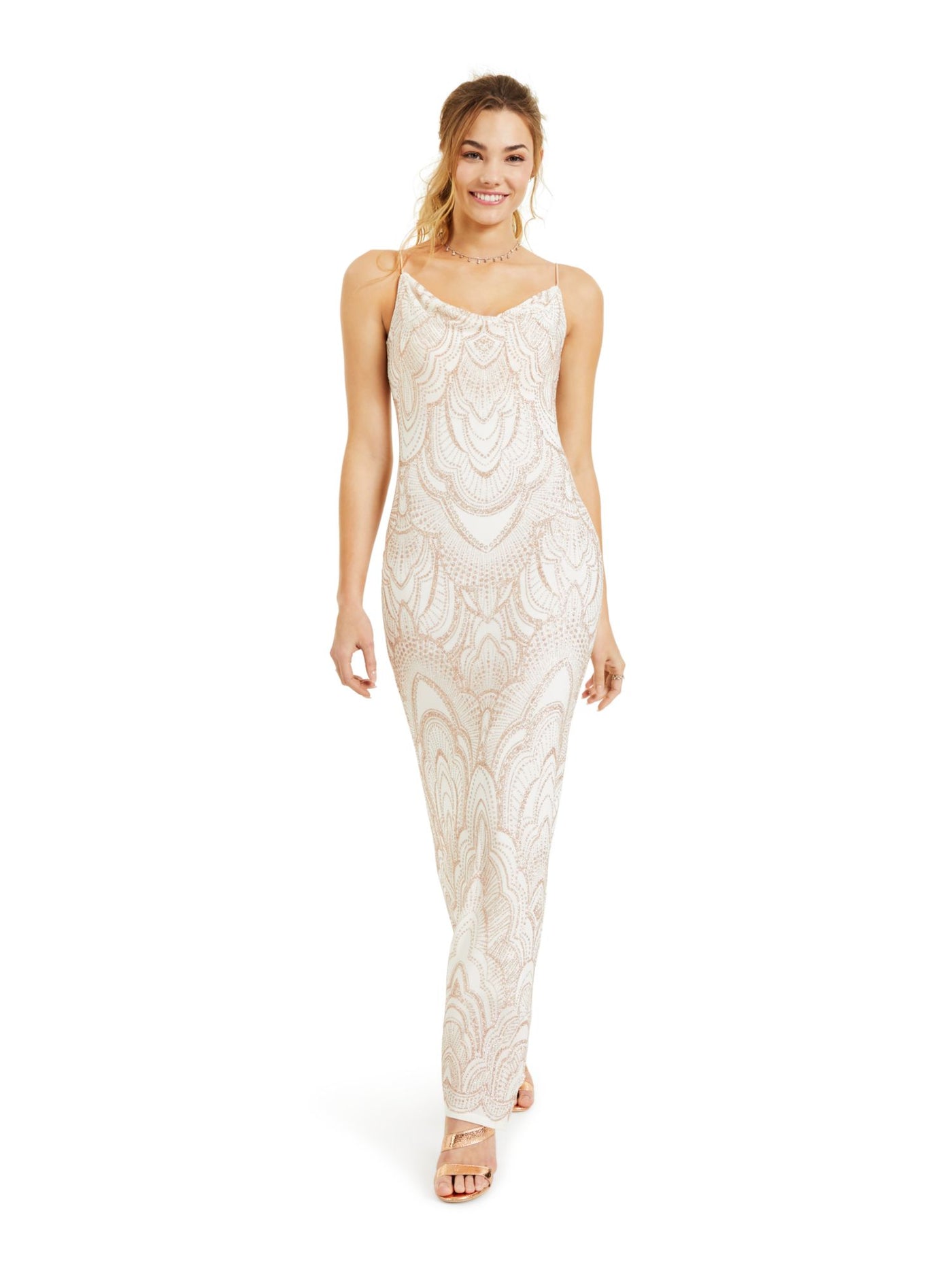 JUMP APPAREL Womens White Glitter Gown Silhouette Printed Spaghetti Strap Cowl Neck Full-Length Evening Dress Juniors 11\12