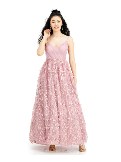 TRIXXI Womens Pink Embellished Spaghetti Strap Surplice Neckline Full-Length Prom Fit + Flare Dress Juniors 9