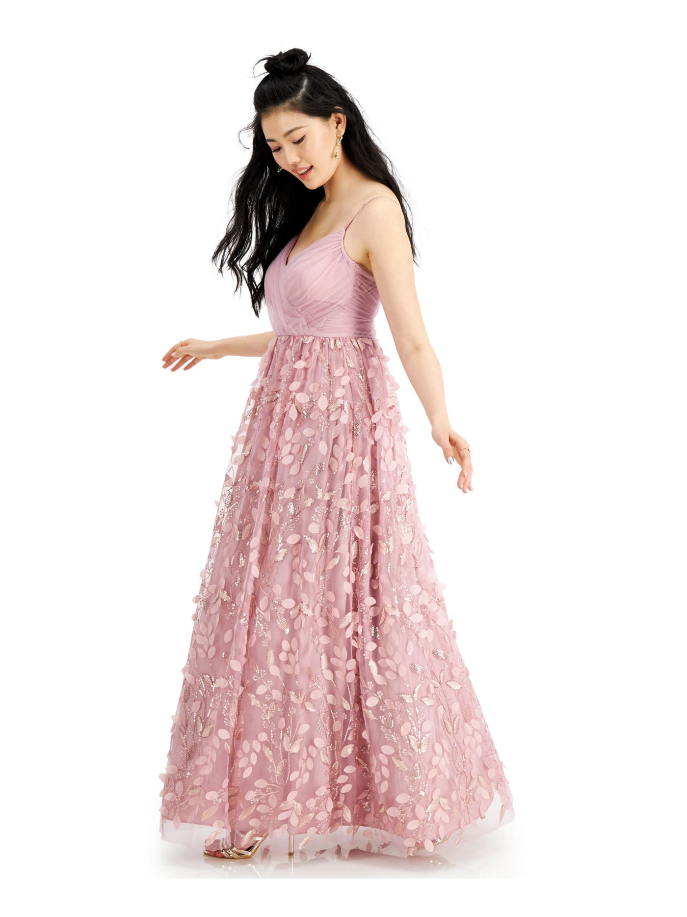 TRIXXI Womens Pink Embellished Spaghetti Strap Surplice Neckline Full-Length Prom Fit + Flare Dress Juniors 9