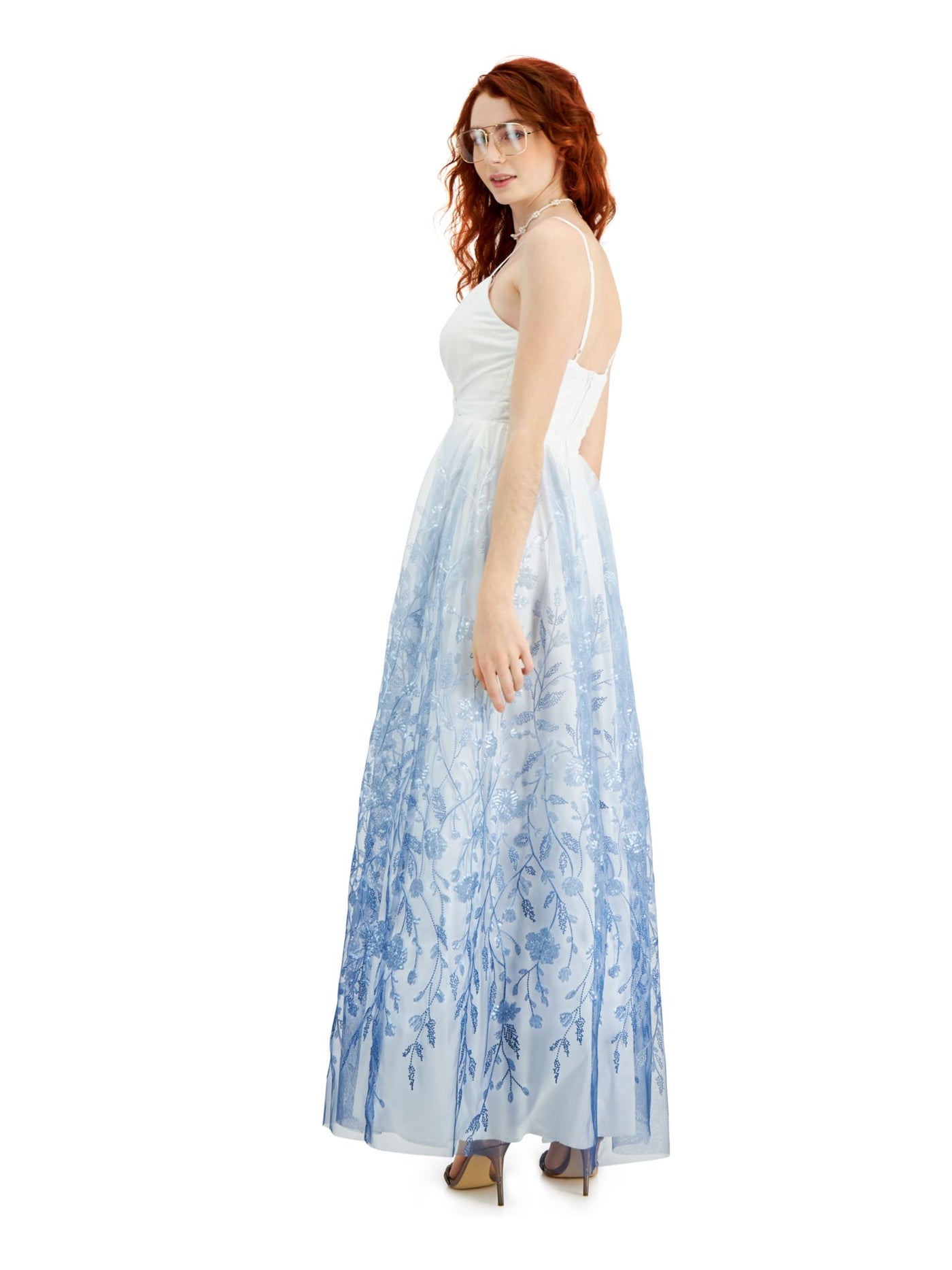 TRIXXI Womens Light Blue Beaded Sequined Ombre Spaghetti Strap V Neck Full-Length Fit + Flare Prom Dress 9