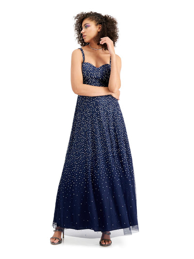 TRIXXI Womens Navy Glitter Polka Dot Sleeveless Sweetheart Neckline Maxi Fit + Flare Prom Dress 0