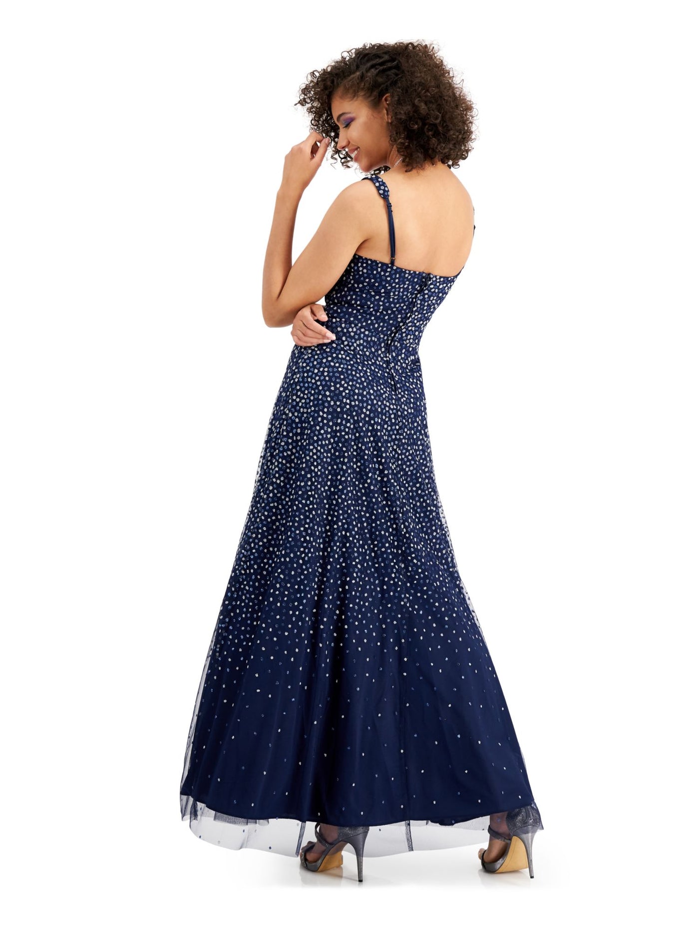 TRIXXI Womens Navy Glitter Polka Dot Sleeveless Sweetheart Neckline Maxi Fit + Flare Prom Dress 0