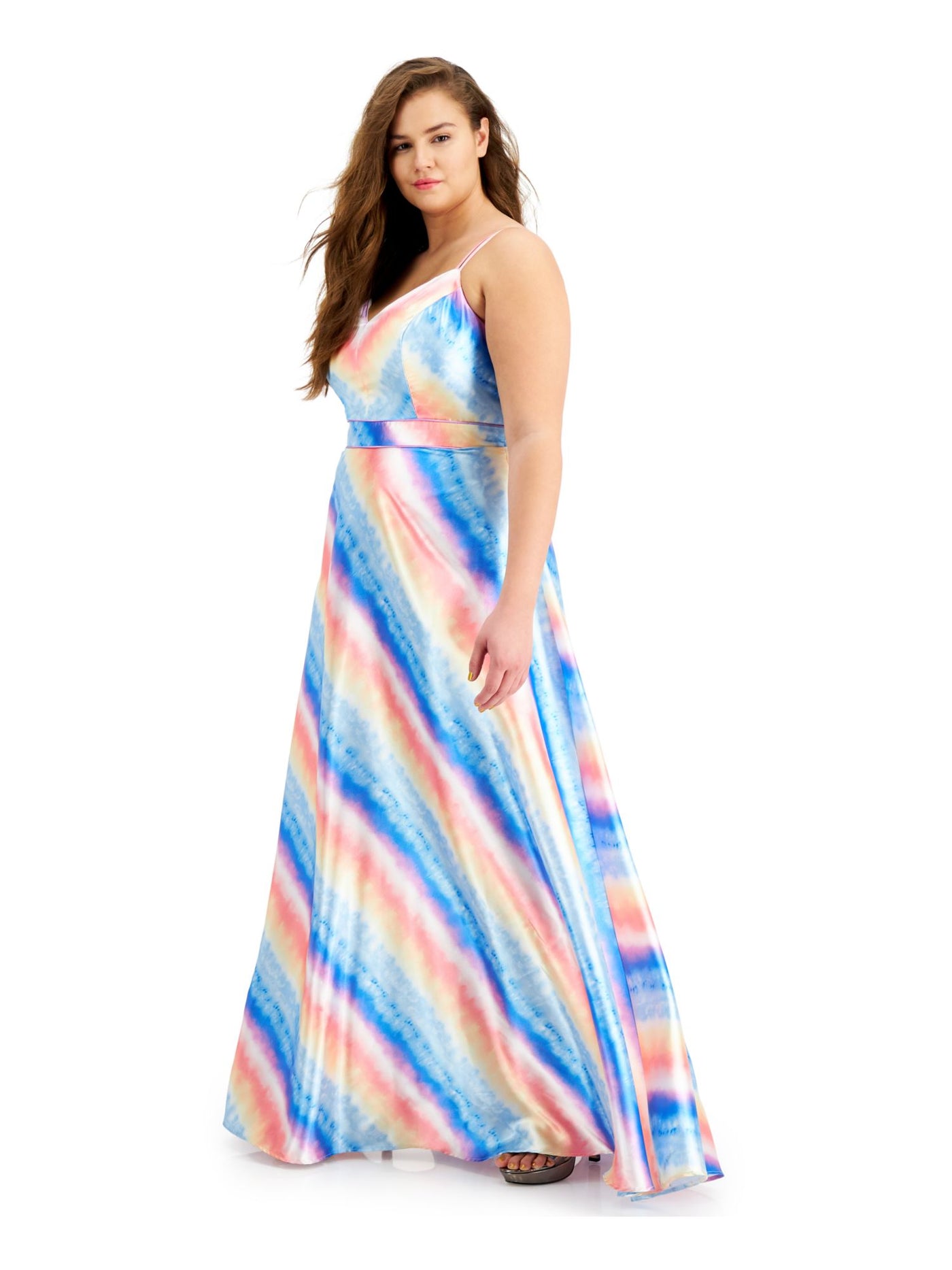 CITY STUDIO Womens Blue Tie Dye Spaghetti Strap Full-Length Fit + Flare Dress Plus 22W