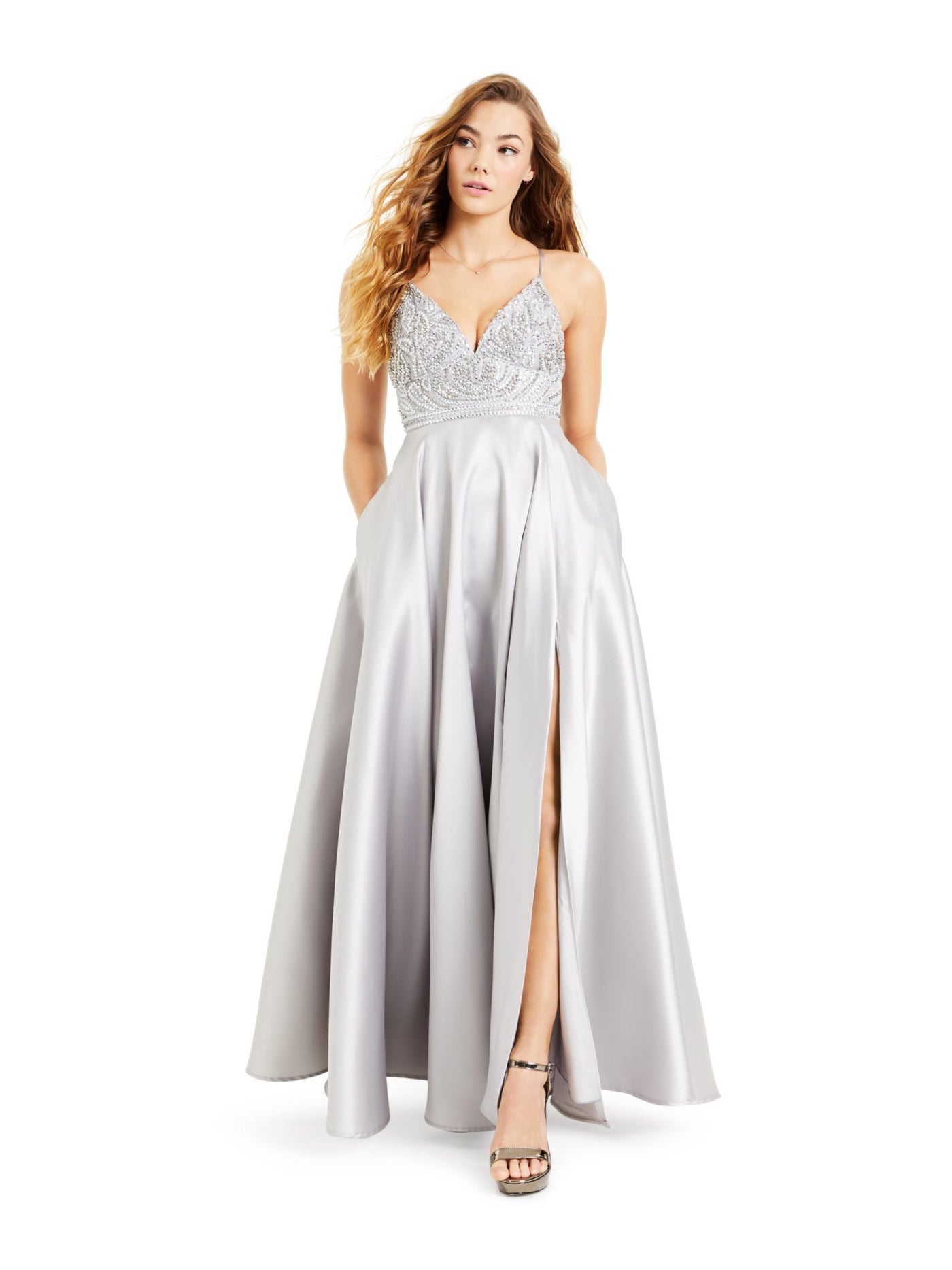 B DARLIN Womens Beaded Pocketed Slit Gown Spaghetti Strap V Neck Full-Length Prom Dress