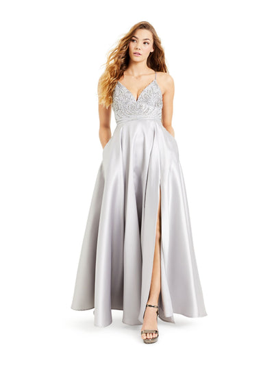 B DARLIN Womens Silver Beaded Pocketed Slit Gown Spaghetti Strap V Neck Full-Length Prom Dress Juniors 1\2