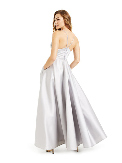 B DARLIN Womens Beaded Pocketed Slit Gown Spaghetti Strap V Neck Full-Length Prom Dress
