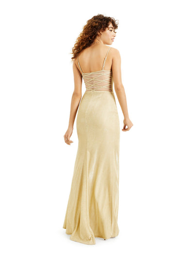 B DARLIN Womens Glitter Slitted Gown Spaghetti Strap Square Neck Full-Length Evening Body Con Dress