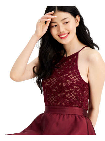 EMERALD SUNDAE Womens Burgundy Ruffled Lace Spaghetti Strap Halter Short Party Fit + Flare Dress Juniors 7