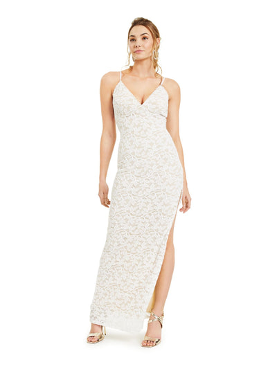 EMERALD SUNDAE Womens White Lace Glitter Floral Spaghetti Strap V Neck Full-Length Party Body Con Dress Petites L