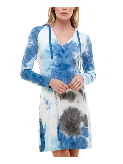 PLANET GOLD Womens Blue Tie Dye Long Sleeve V Neck Short Dress XS