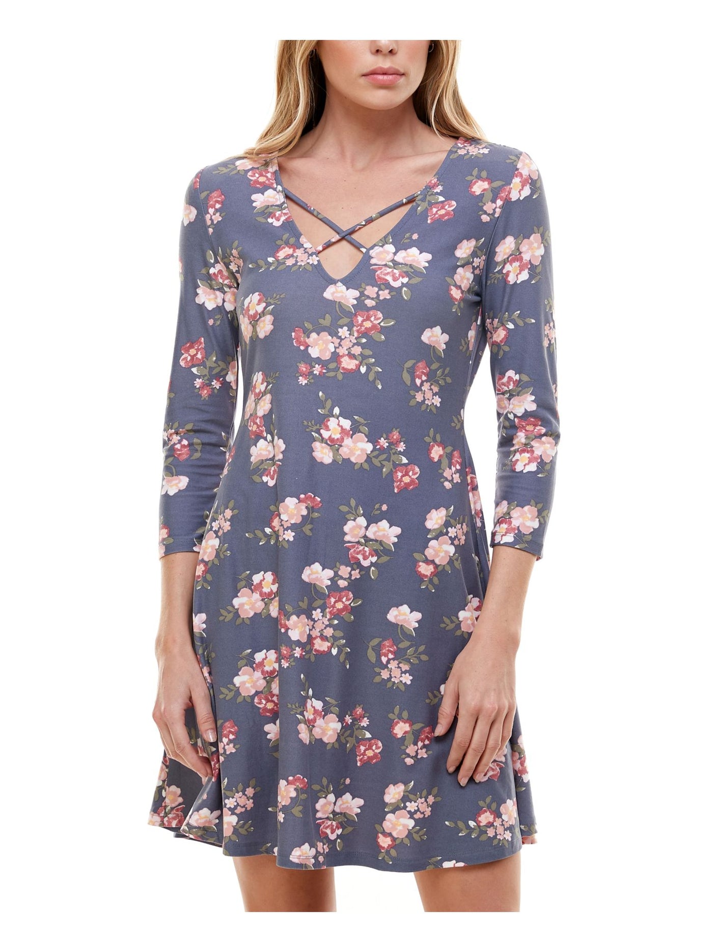 PLANET GOLD Womens Gray Floral 3/4 Sleeve V Neck Short A-Line Dress S
