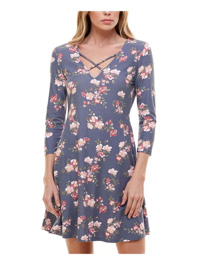 PLANET GOLD Womens Gray Floral 3/4 Sleeve V Neck Short A-Line Dress S