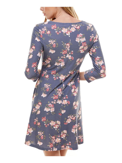 PLANET GOLD Womens Gray Floral 3/4 Sleeve V Neck Short A-Line Dress S
