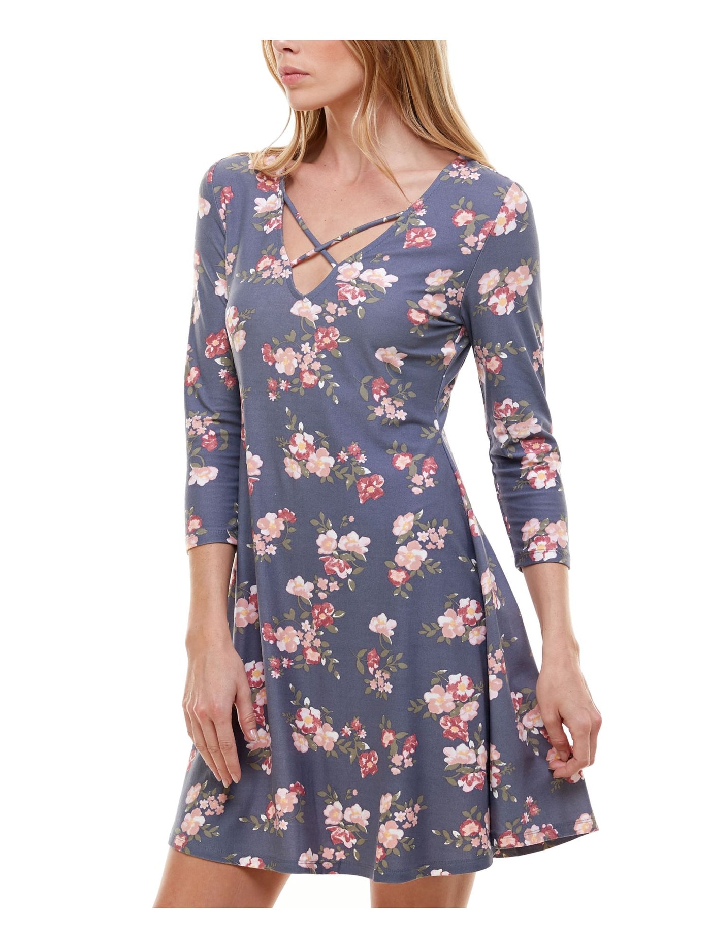 PLANET GOLD Womens Gray Floral 3/4 Sleeve V Neck Short A-Line Dress S