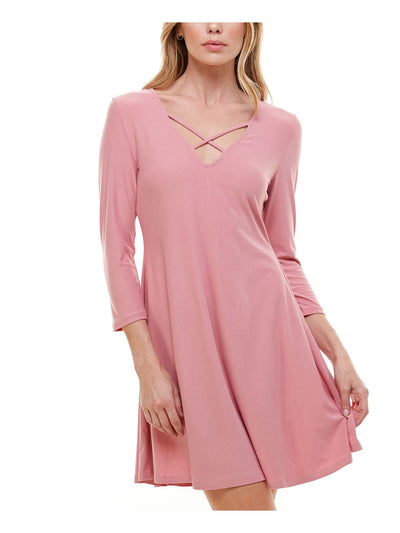 PLANET GOLD Womens 3/4 Sleeve V Neck Short A-Line Dress