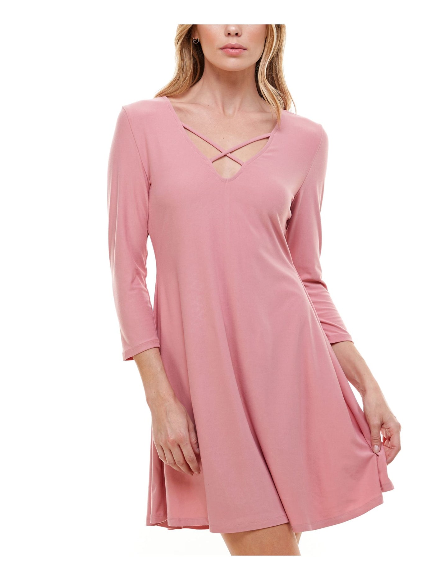 PLANET GOLD Womens Pink 3/4 Sleeve V Neck Short A-Line Dress S